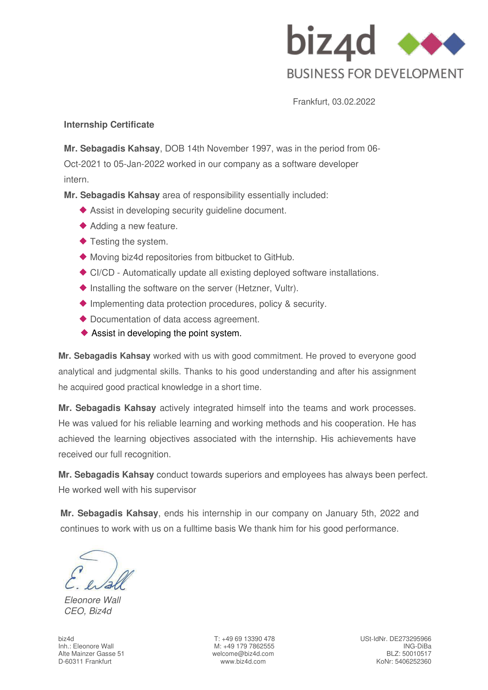 Biz4d Internship Certificate